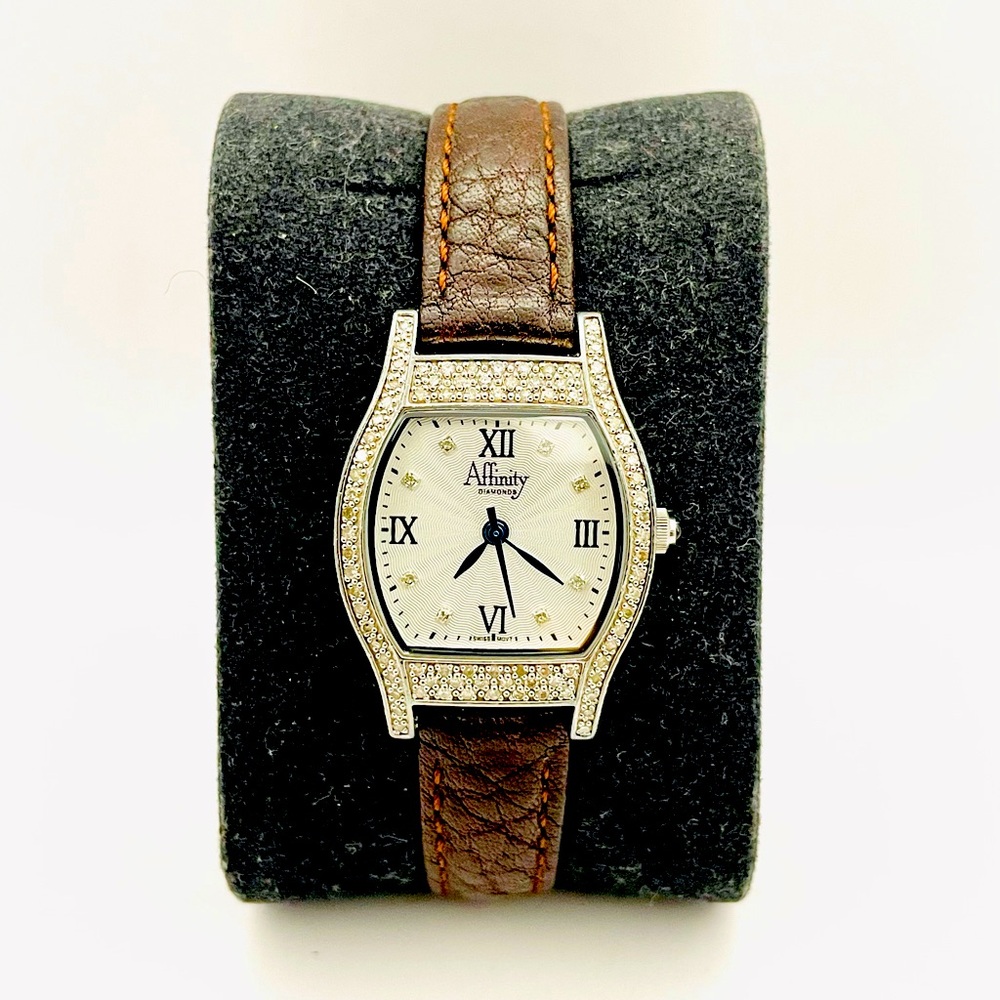 Affinity Diamond Watch Women’s Sterling Silver Leather Band - New Battery